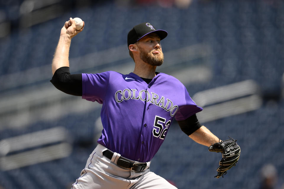 Colorado Rockies relief pitcher Daniel Bard (52) throws during the ninth inning of a baseball game against the Washington Nationals, Wednesday, July 26, 2023, in Washington. The Nationals won 5-4. (AP Photo/Nick Wass)