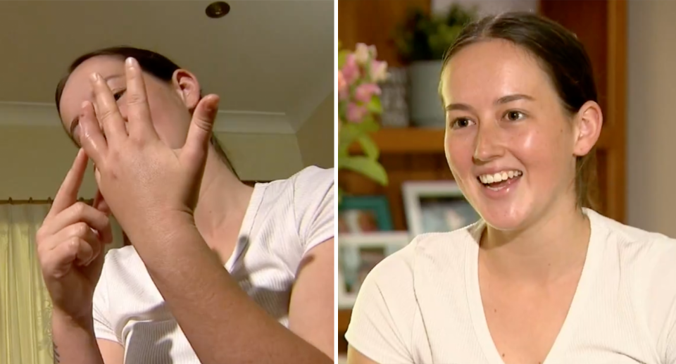 Kasey Leadbetter felt a snake bite while in bed, pointing to her ring finger on her left hand when she was bitten (left). Right, she speaks to the camera wearing a white t-shirt and her brown hair pulled back.