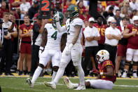 Baylor linebacker Matt Jones (2) celebrates after tackling Iowa State running back Jirehl Brock (21) during the second half of an NCAA college football game, Saturday, Sept. 24, 2022, in Ames, Iowa. Baylor won 31-24. (AP Photo/Charlie Neibergall)