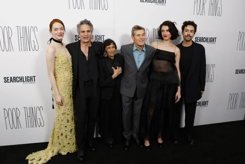 Mark Ruffalo, Emma Stone, Kathryn Hunter, Willem Dafoe, Margaret Qualley and Ramy Youssef, from left to right, attend the New York premiere of "Poor Things" on Wednesday. Photo by John Angelillo/UPI