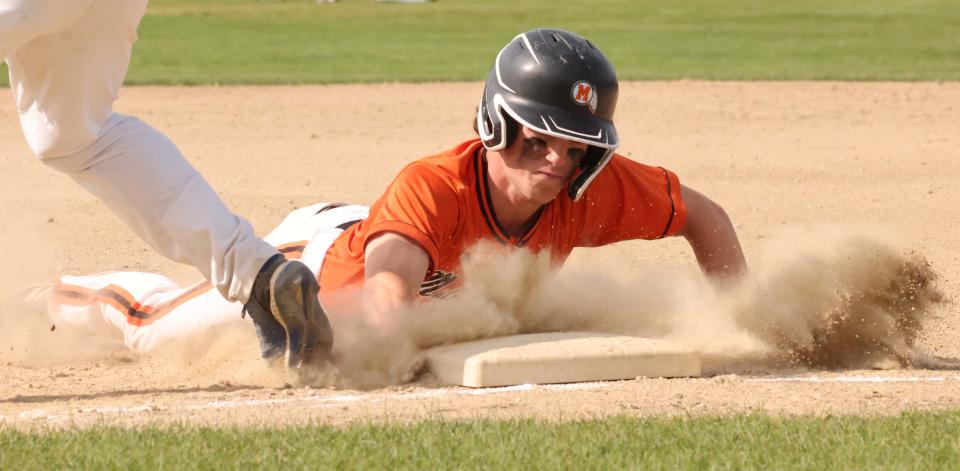 Middleboro runner Nate Tullish slides back safely into first base on a pickoff attempt during a game versus Abington on Tuesday, May 16, 2023. 