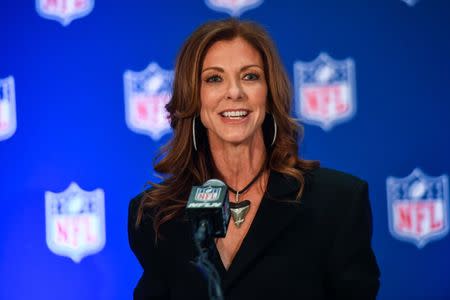 Oct 18, 2017; New York, NY, USA; Dallas Cowboys executive vice president Charlotte Jones Anderson speaks to the media after the NFL owners meeting at the Conrad Hotel. Mandatory Credit: Catalina Fragoso-USA TODAY Sports