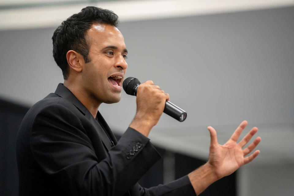 Republican presidential candidate Vivek Ramaswamy speaks at the Polk County Summer Sizzle fundraising event in Clive, Friday, Aug. 25, 2023.