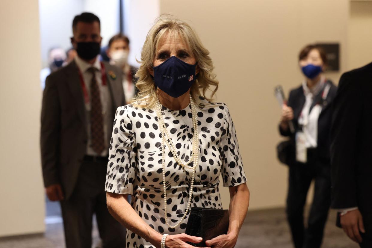 Jill Biden wears her polka-dot Brandon Maxwell dress to the opening ceremony of the Tokyo 2020 Olympic Games (POOL/AFP via Getty Images)