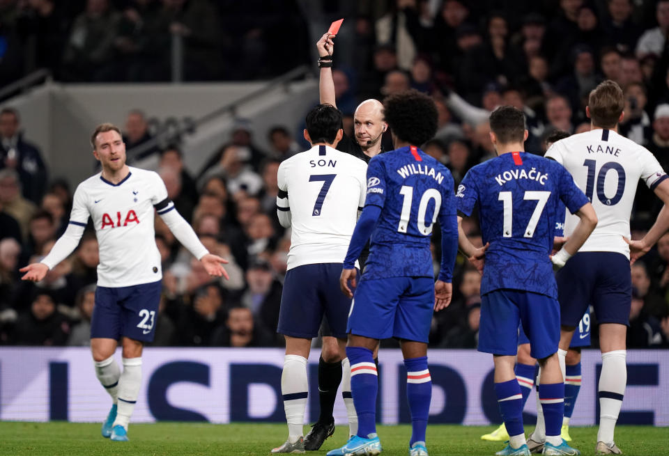 Tottenham Hotspur's Son Heung-min is shown a red card by referee Anthony Taylor Tottenham Hotspur v Chelsea - Premier League - Tottenham Hotspur Stadium 22-12-2019 . (Photo by  John Walton/EMPICS/PA Images via Getty Images)