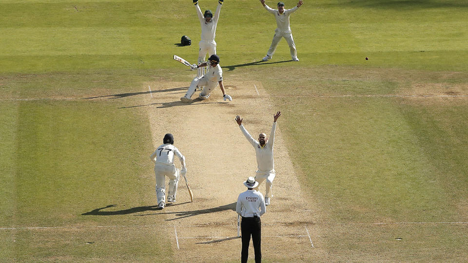 Nathan Lyon, pictured here after his lbw shout was turned down. (Photo by Ryan Pierse/Getty Images)