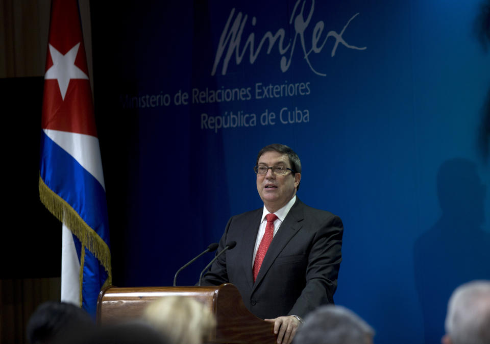 Cuba's Foreign Minister Bruno Rodríguez speaks during a press conference, in Havana, Cuba, Friday, Sept. 20, 2019. Rodríguez says the U.S. expulsion of two Cuban diplomats and energy shortages across the island are part of a Trump administration offensive that will fail to force concessions by his government. (AP Photo/Ismael Francisco)