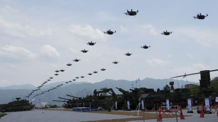 The South Korean army&#39;s drones fly during South Korea-U.S. joint military drills at Seungjin Fire Training Field in Pocheon, South Korea, Thursday, May 25, 2023. (Ahn Young-joon/AP)
