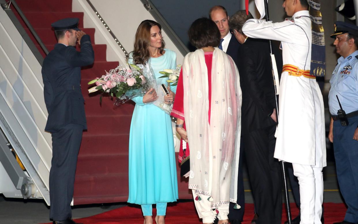 The Duchess of Cambridge arrived in Pakistan wearing a traditional shalwar-kameez style outfit - Chris Jackson Collection