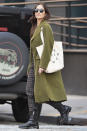 <p>Minka Kelly wears an olive green coat while running errands in N.Y.C. on Oct. 12. </p>