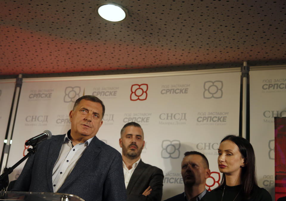 Milorad Dodik, president of the Republic of Srpska, speaks during a news conference after claiming victory in the Bosnian town of Banja Luka, 240 kilometers northwest of Sarajevo, Sunday, Oct. 7, 2018. Dodik has declared victory in the race to fill the Serb seat in Bosnia's three-member presidency. (AP Photo/Darko Vojinovic)