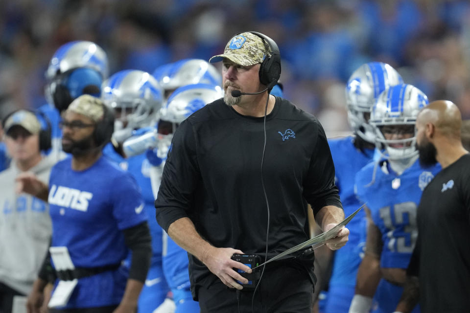 Detroit Lions head coach Dan Campbell watches from the sideline during the first half of an NFL football game against the Chicago Bears, Sunday, Nov. 19, 2023, in Detroit. (AP Photo/Paul Sancya)