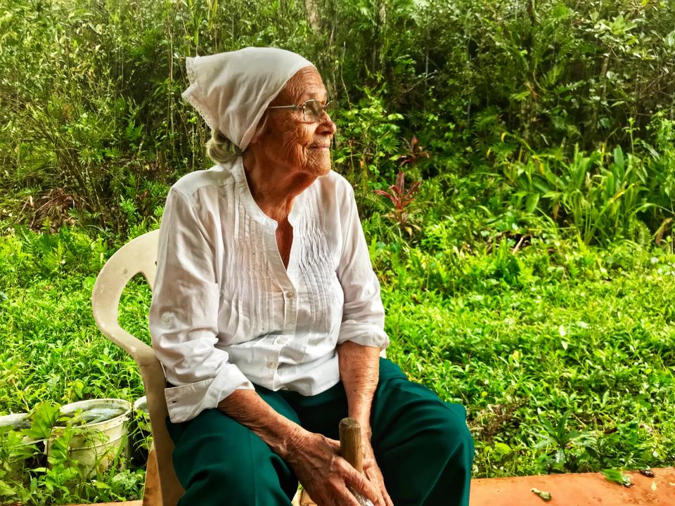 <p>Mercedes Mercado surveys the damage from Hurricane Maria to her farm in Hatillo, Puerto Rico. (Photo: Caitlin Dickson/Yahoo News) </p>