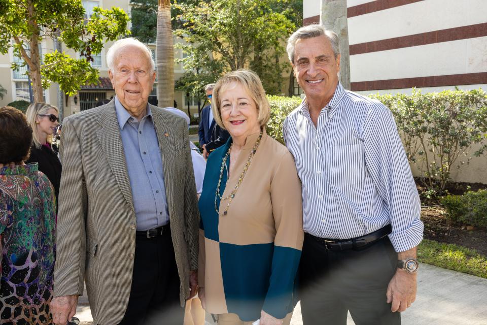 George Elmore, Jane Mitchell and Bill Meyer attend the April 6 dedication of Alexander W. Dreyfoos Way. Elmore will be honored by South Florida PBS on March 6.