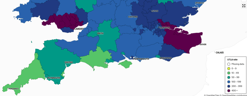 Upper Tier Local Authority rates across southern England. (Open Street Map)