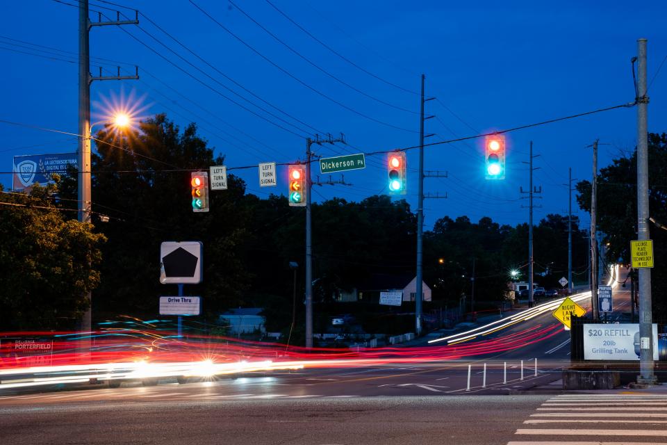 Traffic drives through the intersection of Dickerson Pike and Trinity Lane, one of several intersections with license plate readers, in Nashville, Tenn., Monday, July 3, 2023.