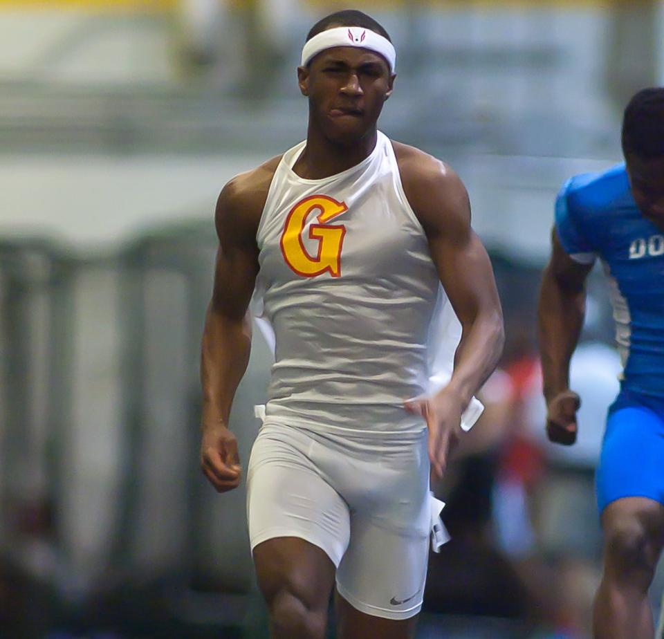 Glasgow's Leshon Collins competing in the boys 55-meter dash at the state indoor track and field championships at the University of Delaware Field House in Newark, Delaware Feb. 11, 2012.