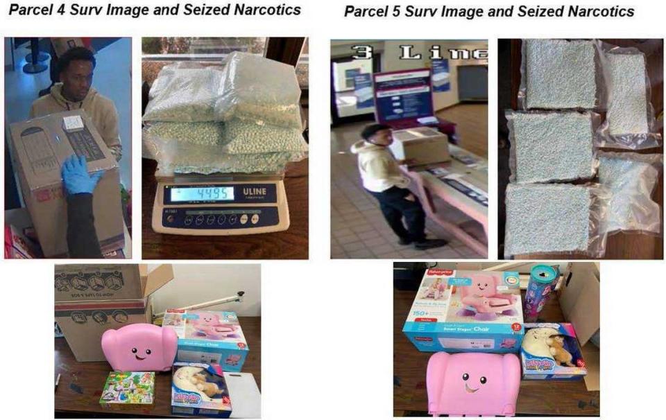 In images compiled in a federal criminal complaint unsealed Thursday, June 1, 2023, fentanyl-laced pills are seen in bulk along with suspects transporting packages and the contents of the packages, which included children’s toys, used to ship narcotics as part of an alleged drug ring operated from Sacramento. Five people, including two members of the Oak Park Bloods, were arrested in connection with the ring that authorities say shipped fentanyl across the United States.