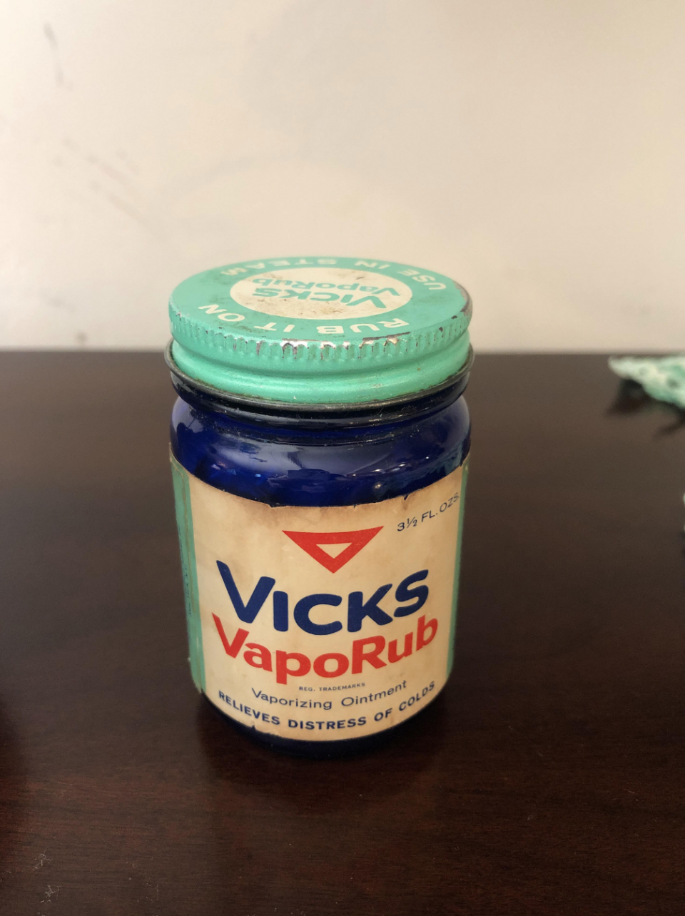 A jar of Vicks VapoRub vaporizing ointment, used to relieve the distress of colds