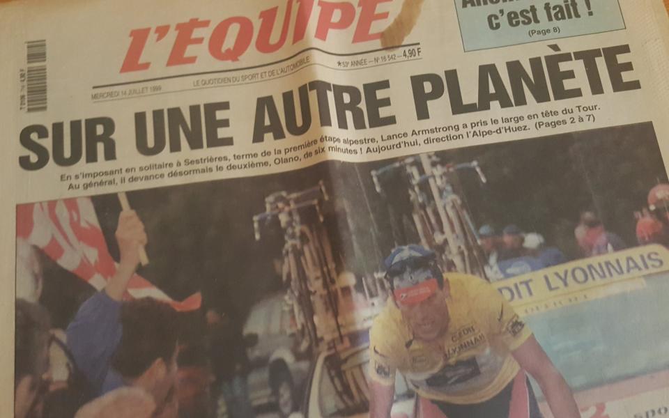 L'Equipe's front back from 1999 when describing Lance Armstrong's exploits