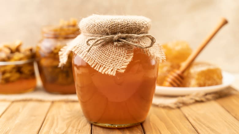 Honey in jar with mesh top