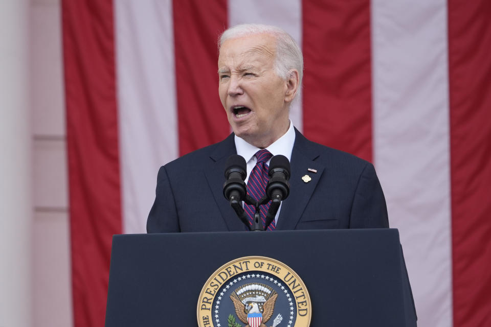 President Joe Biden delivers the Memorial Day Address at the 156th National Memorial Day Observance at Arlington National Cemetery in Arlington, Va., Monday, May 27, 2024. (AP Photo/Susan Walsh)
