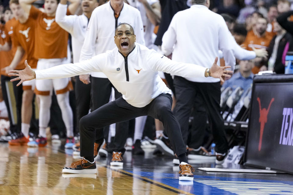 Mar 26, 2023; Kansas City, MO, USA; Texas Longhorns head coach Rodney Terry reacts to officials in the game against the Miami Hurricanes in the second half at the T-Mobile Center. Mandatory Credit: Jay Biggerstaff-USA TODAY Sports
