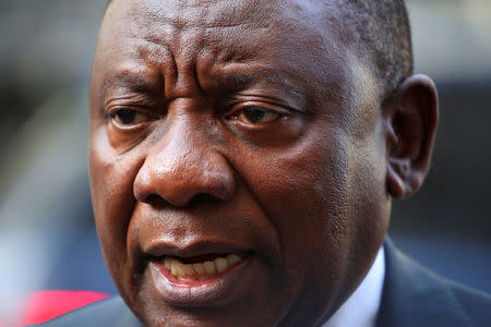 FILE PHOTO: South Africa's President Cyril Ramaphosa speaks after his meeting with Britain's Prime Minister Theresa May in Downing Street, London, April 17, 2018. REUTERS/Hannah McKay/File Photo