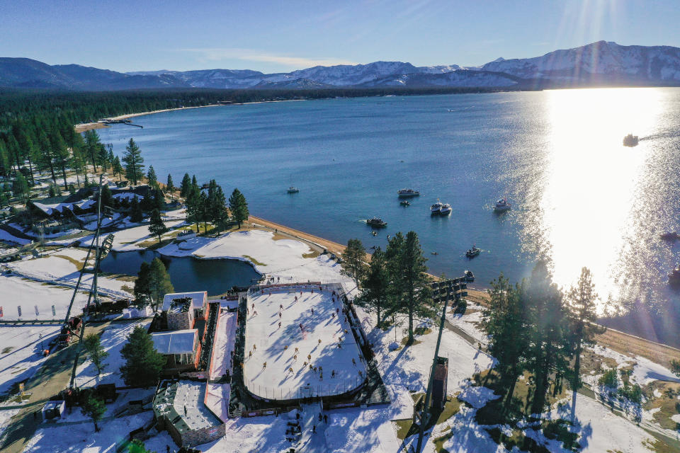 <p>In an aerial view from a drone, the Boston Bruins and the Philadelphia Flyers warm-up prior to the 'NHL Outdoors At Lake Tahoe' at the Edgewood Tahoe Resort on February 21, 2021 in Stateline, Nevada. (Photo by Ezra Shaw/Getty Images)</p> 