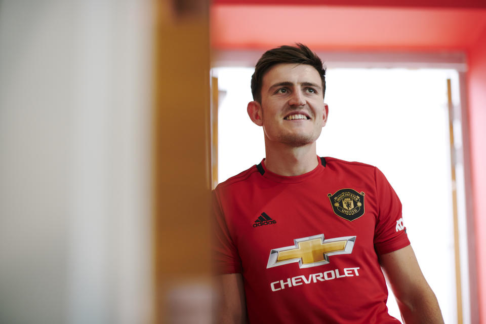 MANCHESTER, ENGLAND - AUGUST 04: (EXCLUSIVE COVERAGE) Harry Maguire of Manchester United walks around the Aon Training Complex after signing for the club at Aon Training Complex on August 04, 2019 in Manchester, England. (Photo by Manchester United/Manchester United via Getty Images)