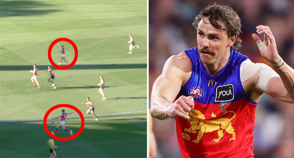 Brisbane Lions star Joe Daniher is seen here kicking for goal rather than to teammate Charlie Cameron.