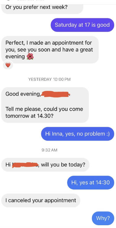 Text conversation of a person scheduling and canceling an appointment, mentioning times and discussing availability