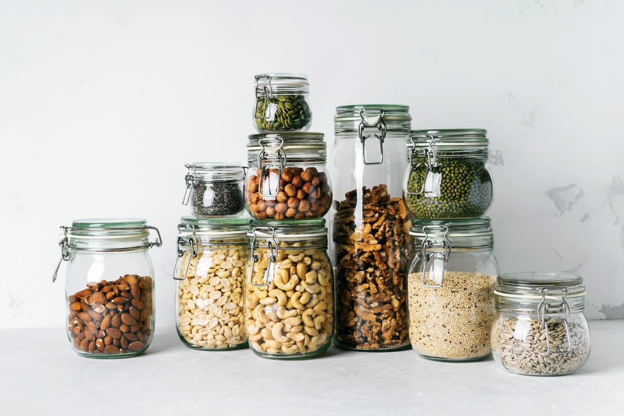 Various pantry items in glass jars