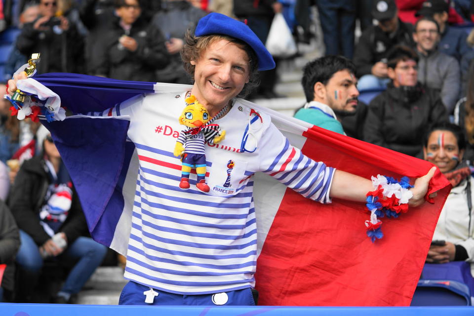 A French supporter is seen ahead of the France 2019 Women's World Cup Group A football match between France and South Korea, on June 7, 2019, at the Parc des Princes stadium, in Paris.