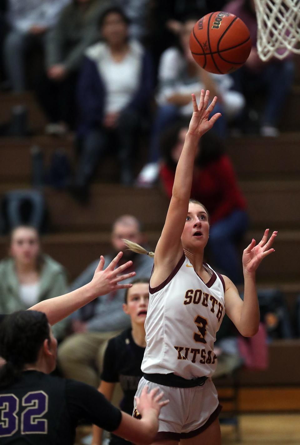 South Kitsap's Breanna Viergutz (3) goes up for a basket during the second half of their game against Puyallup in Port Orchard on Jan. 5. The South Kitsap Wolves won the game 50-40.