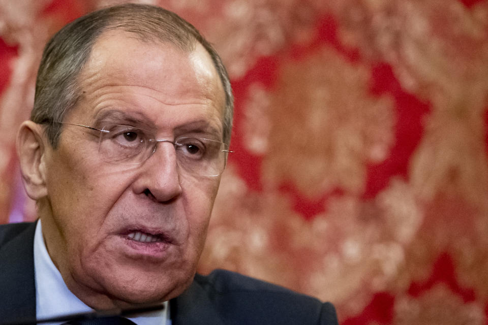 Russian Foreign Minister Sergey Lavrov speaks during his news conference following the talks with Japanese Foreign Minister Taro Kono in Moscow, Russia, Monday, Jan. 14, 2019. Lavrov threw cold water on Tokyo's hopes for a quick return of the disputed Pacific islands, warning Japan that it must recognize them as part of Russia's territory as a starting point for talks. (AP Photo/Alexander Zemlianichenko)