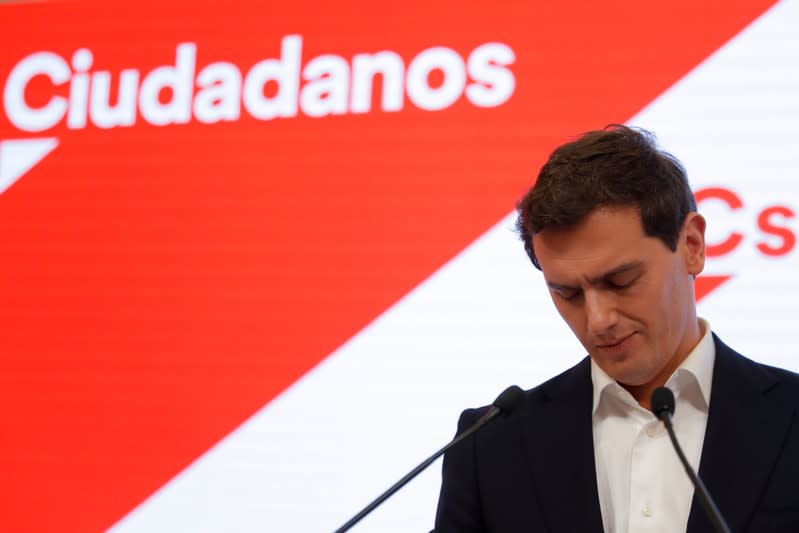 Ciudadanos leader Albert Rivera gestures as he announces his resignation at their headquarters the day after general elections, in Madrid