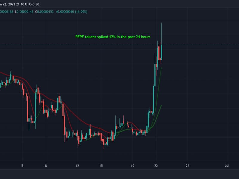 PEPE tokens spiked 42% in the past 24 hours. (TradingView)