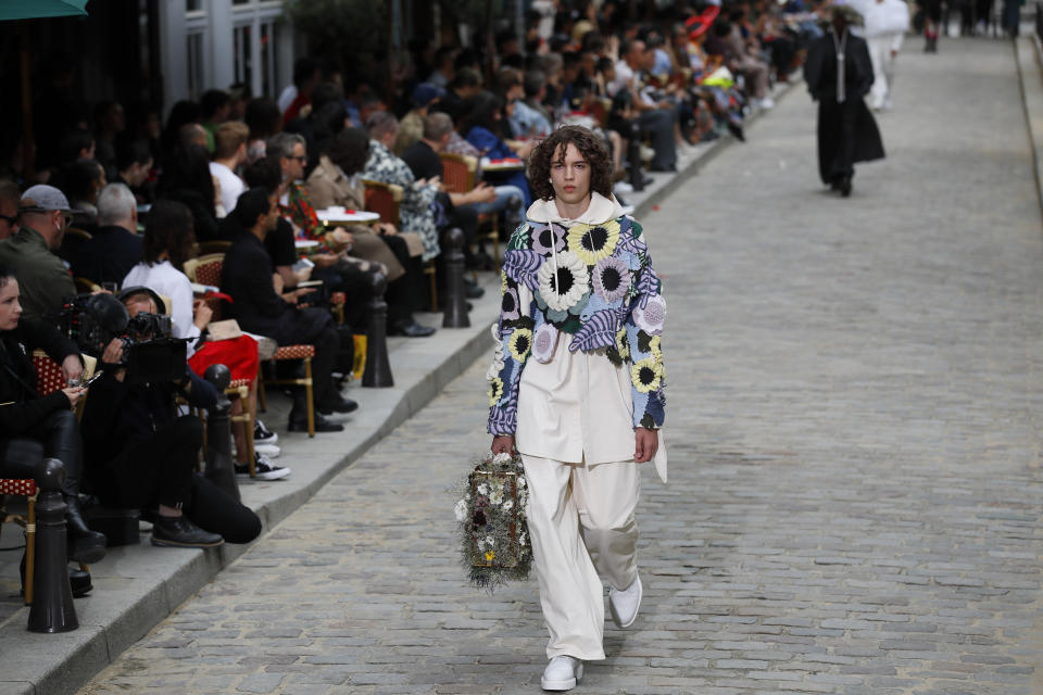 A model wears a creation for the Vuitton mens Spring-Summer 2020 fashion collection presented in Paris, Thursday, June 20. (AP Photo/Francois Mori)