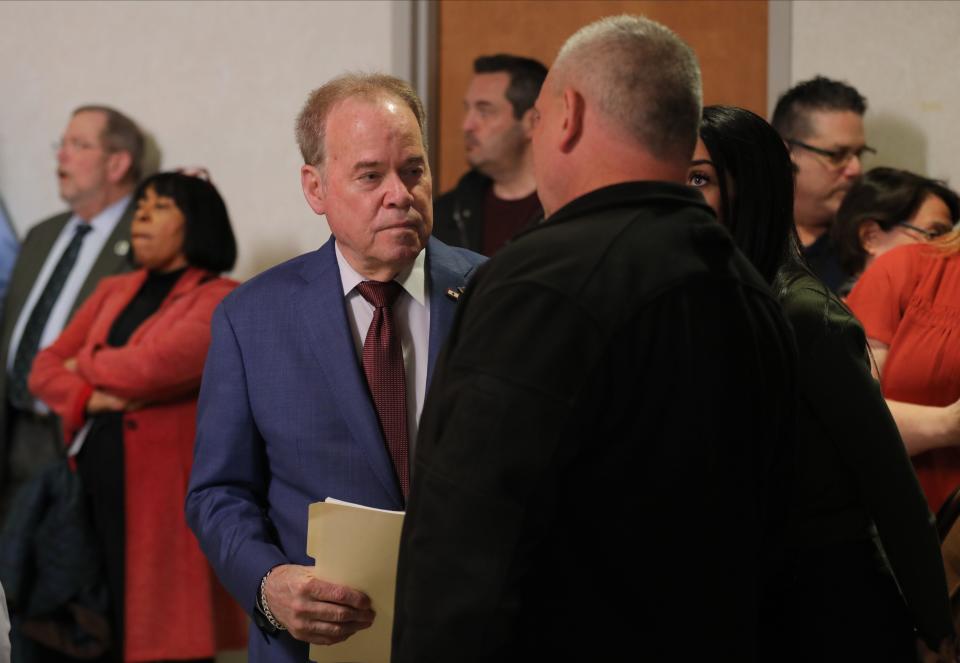 Rockland County Executive Ed Day greets well-wishers before delivering the State of the County address at the Rockland County Health Complex in Pomona, March 26, 2024.