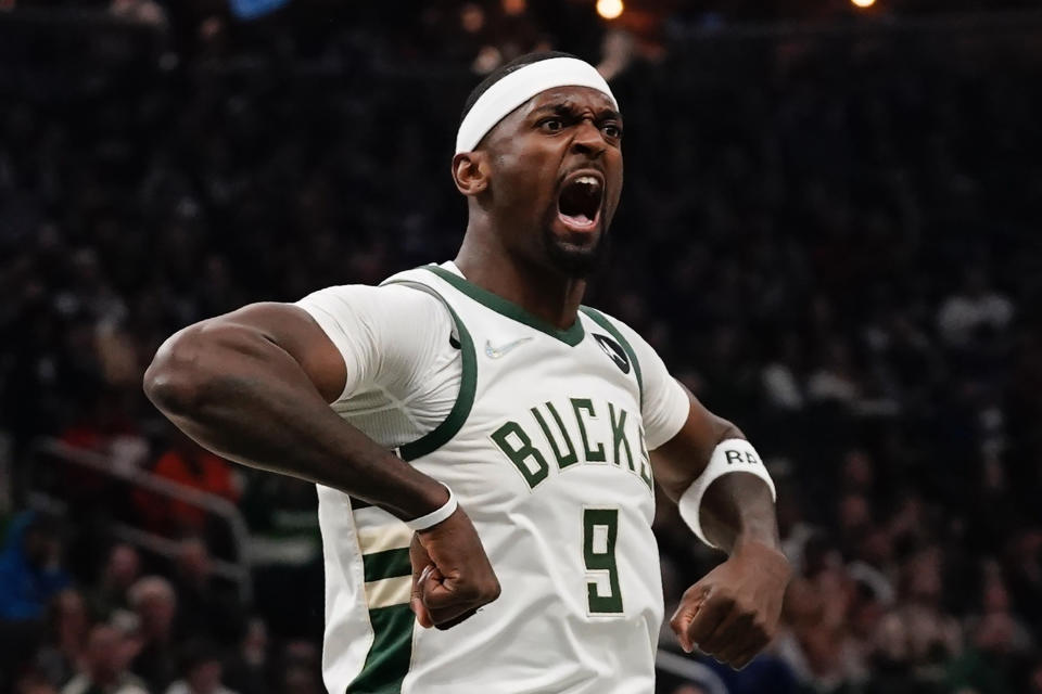 FILE - Milwaukee Bucks forward Bobby Portis reacts after a dunk during the first half of an NBA basketball game against the Boston Celtics, Thursday, April 7, 2022, in Milwaukee. Portis always wanted to stay in Milwaukee after boosting his career, winning a title and emerging as a fan favorite in his two seasons with the Bucks.(AP Photo/Morry Gash, File)