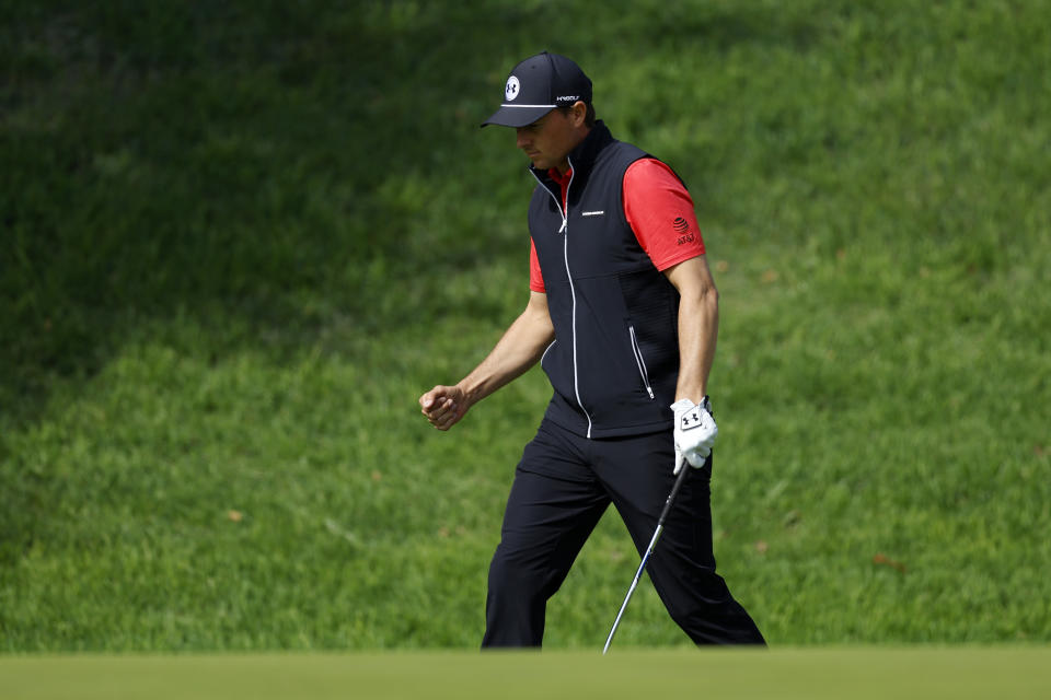 Jordan Spieth reacts after chipping in for birdie on the fifth hole during the second round of the Genesis Invitational golf tournament at Riviera Country Club Friday, Feb. 16, 2024, in the Pacific Palisades area of Los Angeles. (AP Photo/Ryan Kang)