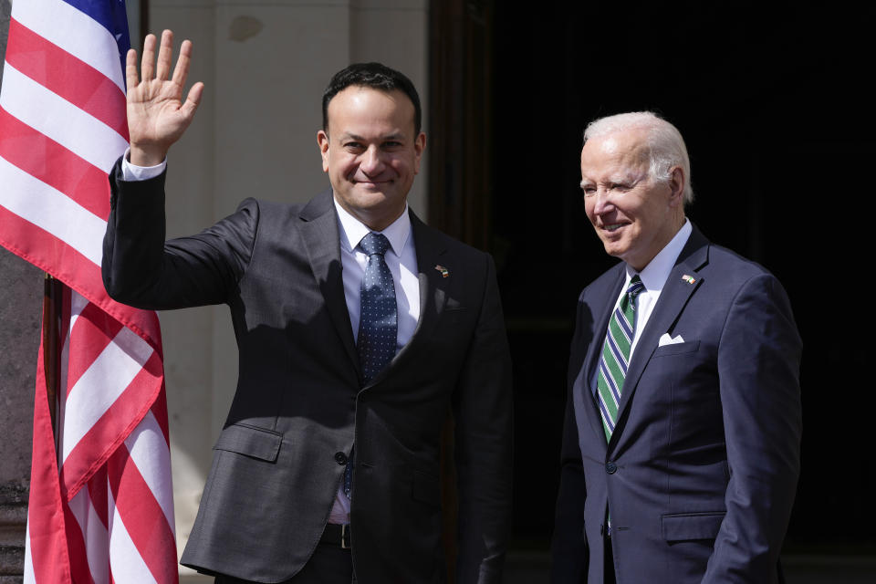 President Joe Biden arrives to meet with Ireland's Taoiseach Leo Varadkar at Farmleigh House, Thursday, April 13, 2023, in Dublin. (AP Photo/Patrick Semansky)