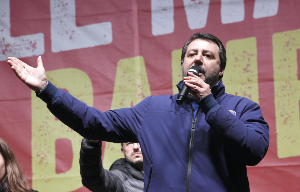 Matteo Salvini of the League speaks to supporters during a campaign event in Bibbiano, Emilia-Romagna, Italy, on Thursday, Jan. 23, 2020. (Stefano Cavicchi/LaPresse via AP)