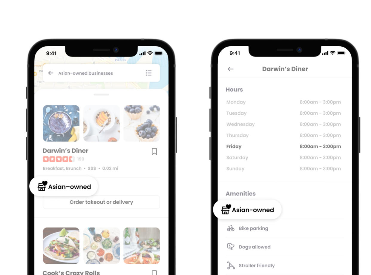 When a customer visits a restaurant page, they'll see a list of attributes that describe the business, including if it is Asian-owned. (YELP)