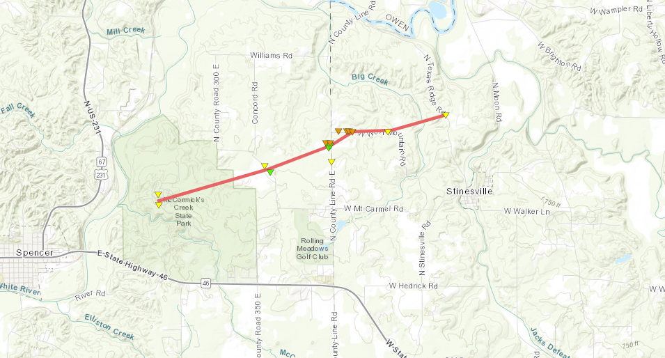 The path of a confirmed tornado during March 31, 2023 storms near McCormick's Creek State Park.