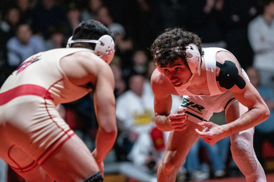 Bergen Catholic hosts St. Joseph in a wrestling match in Oradell, NJ on Wednesday, Jan 25, 2023. Don Almeyda from St. Joseph beats Riley Halal from Bergen Catholic in a 132-pound match.  