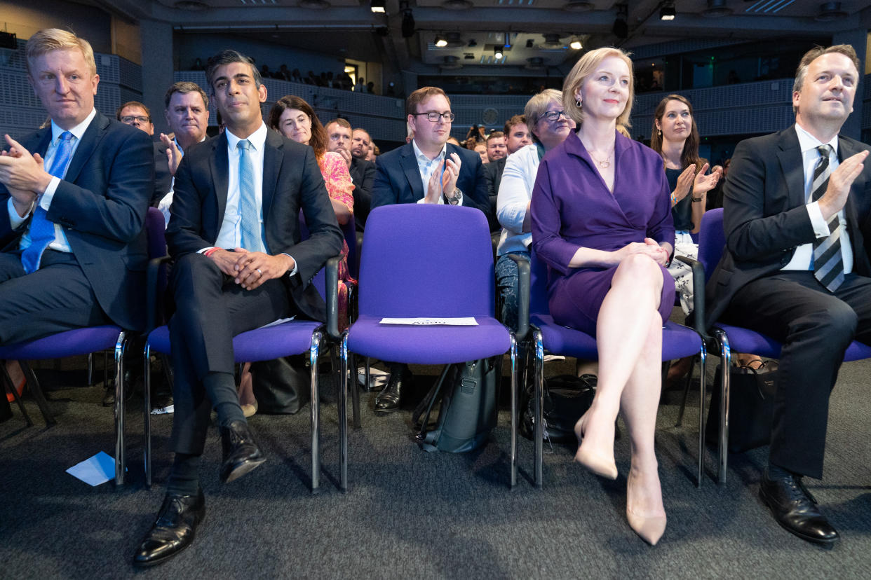 From left, Oliver Dowden, Tory leadership contenders Rishi Sunak and Liz Truss with her husband Hugh O'Leary (far right) at the Queen Elizabeth II Centre in London as it was announced Liz Truss is the new Conservative party leader, and will become the next Prime Minister. Picture date: Monday September 5, 2022.