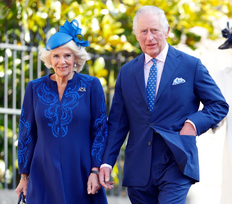 Camilla, Queen Consort and King Charles III attend the traditional Easter Sunday Mattins Service at St George's Chapel, Windsor Castle on April 9, 2023 in Windsor, England