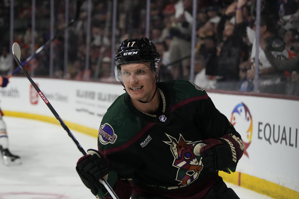 Arizona Coyotes center Nick Bjugstad reacts after scoring against the Edmonton Oilers in the second period during an NHL hockey game, Monday, Feb. 19, 2024, in Tempe, Ariz. (AP Photo/Rick Scuteri)